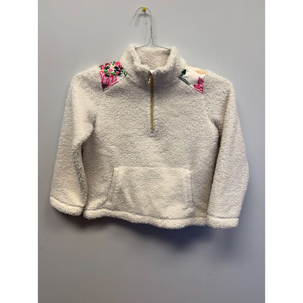 Lilly Pulitzer Girls L 8-10 Sherpa Fleece Pullover Ivory Floral 1/4 Zip Jacket